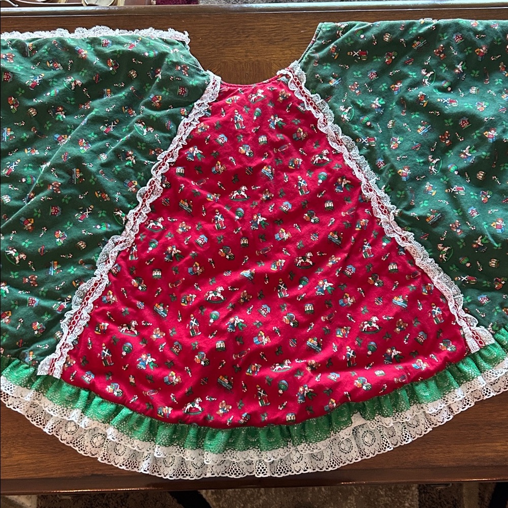 Vintage Homemade  Red and Green Christmas Tree Skirt with toys Lace Trim holiday